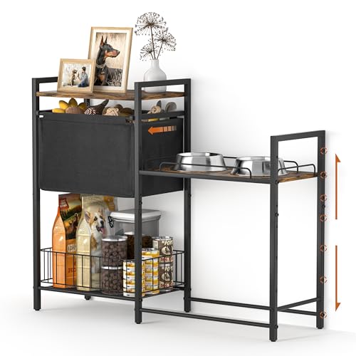Lomivra Elevated Dog Bowls Stand for X-Large & Large Breed, 7 Adjustable Heights from 2"-22" Raised Dog Feeding Station with Toy Bin Basket, Lifted Dogs Food Bowl Holder Cabinet Pet Storage Organizer - color: Black&Brown, size: 2"-22"H/ 18.9"Dx9.45"W
