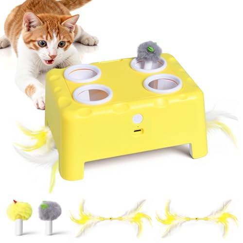 Cheese Box Interactive Cat Toy for Indoor Cats, 3-in-1 Whack a Mole Feather Toy, 3 Modes Rechargeable Auto Cat Toys for Bored Cats, 4 Holes Kitten Toy, 4 Accessories (Yellow) - color: Yellow