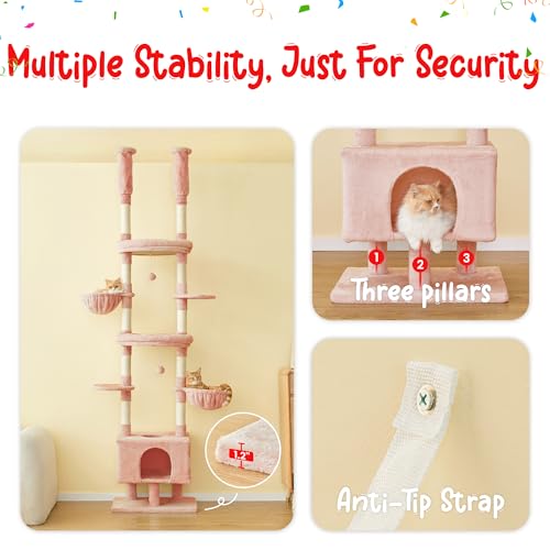 Pink Cat Tree, Floor to Ceiling Cat Tower Adjustable Height [92.9-102.4 in=235-258cm], 7 Tiers Cat Climbing Play House with Scratching Post, Cozy Condo & Hammocks for Indoor Cats - color: Pink