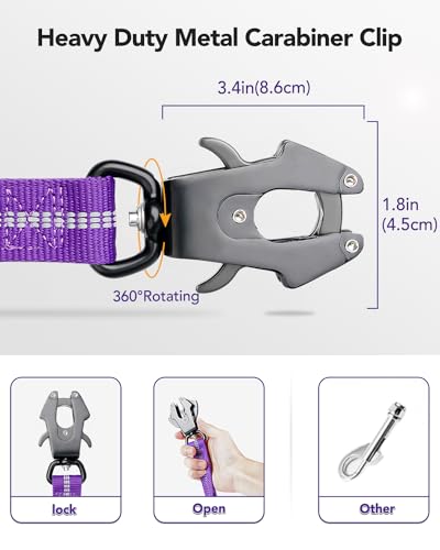 Joytale Tactical Dog Leash Heavy Duty, 4-6FT Shock Absorbing Bungee Lead with 2 Padded Handle, Metal Carabiner Clip, Car Seatbelt, Strong No Pull Leash for Medium Large X-Large Dogs, Purple - color: Purple