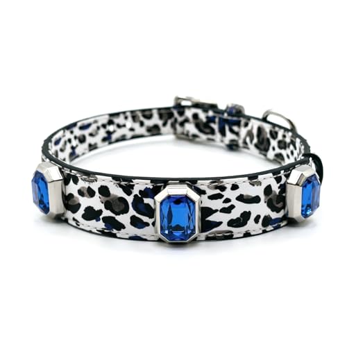 Luxury K9 Crystal Dog Collar -Waterproof Wear-Resistant Microfiber Leather with Hand-Set Rhinestone Gems, Durable Metal Buckle, Adjustable Bling Collar for Small Medium Large Dogs (Blue Leopard, M) - color: Blue Leopard, size: M(FIT,NECK:12.2"-15")