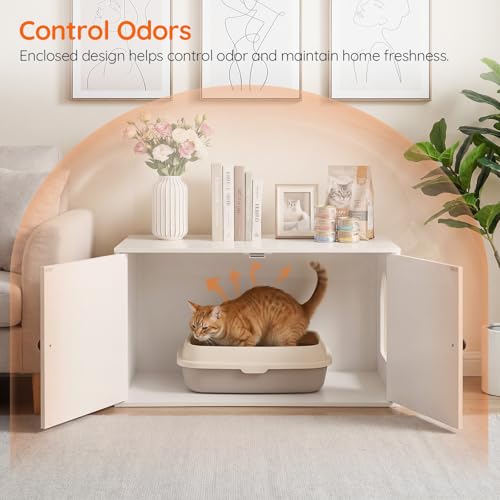 HOOBRO Cat Litter Box Enclosure, Hidden Litter Box Furniture with Side Entry, Litter Box Cabinet, Indoor Cat House, End Side Table, 31.5"L x 17.7"W x 16.3"H, for Living Room, Bathroom, White WT40MW01 - color: White