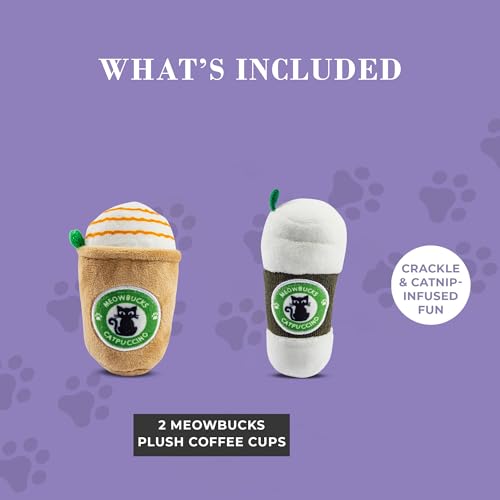 Haute Diggity Kitty Meowbucks Catpuccino Set, Plush Cat Toys Catnip Filled with Interactive Crackle Sound, Safe & Durable Toys for Cat & Kitten, 2 Pcs - style: Meowbucks Duo