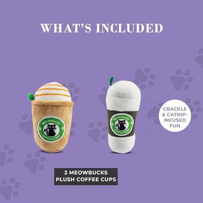 Haute Diggity Kitty Meowbucks Catpuccino Set, Plush Cat Toys Catnip Filled with Interactive Crackle Sound, Safe & Durable Toys for Cat & Kitten, 2 Pcs - style: Meowbucks Duo