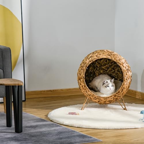 PawHut 20.5" Weaved Cat Bed, Elevated Hand-Woven Braided Banana Leaf Kitten House Condo with Cushion, Natural - color: Natural