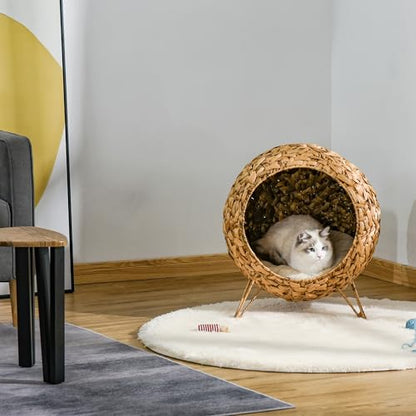 PawHut 20.5" Weaved Cat Bed, Elevated Hand-Woven Braided Banana Leaf Kitten House Condo with Cushion, Natural - color: Natural