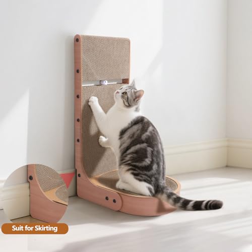 Cat Scratcher, 2 in 1 Multifunctional 26.8 Inch L Shape Cat Scratch Pad Wall Mounted with Oval Cat Scratcher Bed Bowl and Built-in Toy Balls