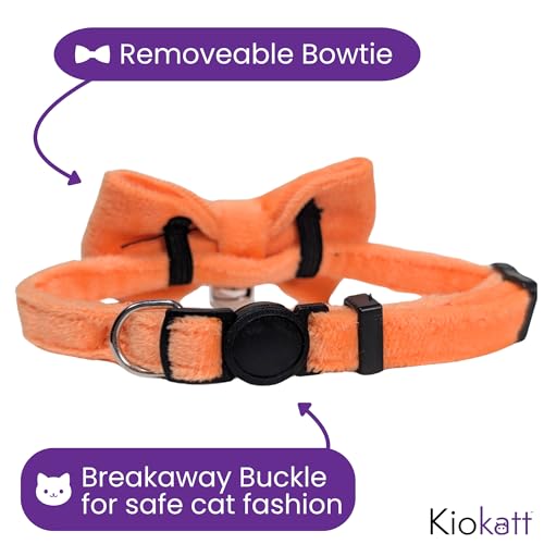 Velvet Bowtie Cat Collar with Bell – Adjustable Breakaway Orange Cat Collar for Adult Cats (7–11 in) - color: Orange