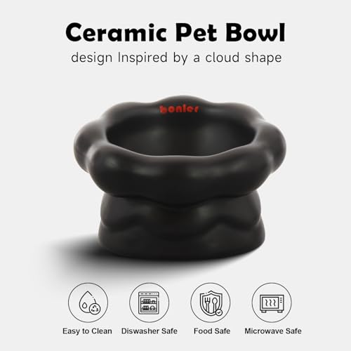 Cloud-Shaped Ceramic Cat Bowl - Elevated Raised Design for Indoor Cats & Kittens,Tilted Anti-Vomiting Shallow Dish with Spine Protection,Cute Whisker-Friendly Ceramic Food Bowls & Dishes (Black) - color: Black