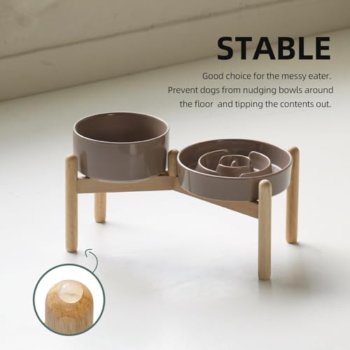 Havniva 7.3” Raised Slow Feeder Dog Bowls Set, 1.2 Cups Ceramic Slow Feeder Dog Bowl and 6.1” Dog Water Bowl with Elevated Wooden Stand Puzzle Dog Food Bowl for Small Dogs Anti-Gulping & Anti-Choking - color: 2 x Brown Coffee+Stand-A, size: 7.3inch