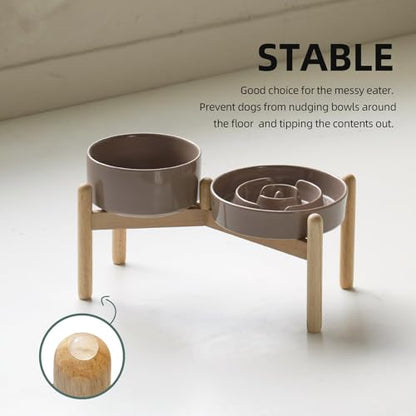 Havniva 7.3” Raised Slow Feeder Dog Bowls Set, 1.2 Cups Ceramic Slow Feeder Dog Bowl and 6.1” Dog Water Bowl with Elevated Wooden Stand Puzzle Dog Food Bowl for Small Dogs Anti-Gulping & Anti-Choking - color: 2 x Brown Coffee+Stand-A, size: 7.3inch
