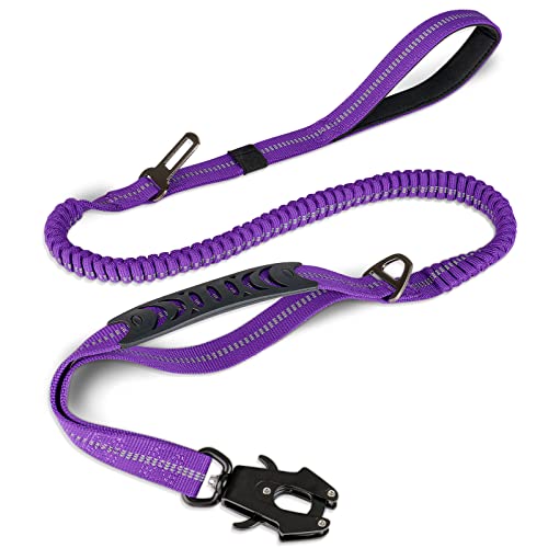 Joytale Tactical Dog Leash Heavy Duty, 4-6FT Shock Absorbing Bungee Lead with 2 Padded Handle, Metal Carabiner Clip, Car Seatbelt, Strong No Pull Leash for Medium Large X-Large Dogs, Purple - color: Purple
