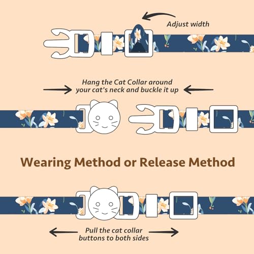 2 Pack Cotton Breakaway Cat Collar White and Blue Flowers Pendant Cute Kitten Cat Collar with Bell - color: White&Blue