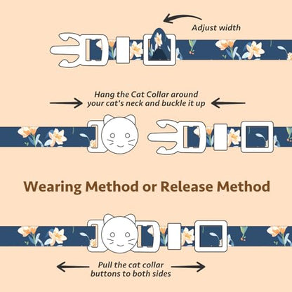 2 Pack Cotton Breakaway Cat Collar White and Blue Flowers Pendant Cute Kitten Cat Collar with Bell - color: White&Blue