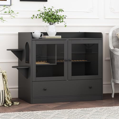 Extra Large Cat Litter Box Enclosure Furniture Hidden, Cat Condo Cabinet Pet House with Stairs for 2, Nightstand Side Table witha Large Drawer for Living Room, Black - color: Black
