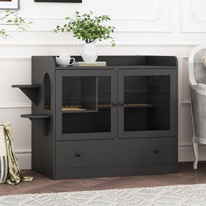 Extra Large Cat Litter Box Enclosure Furniture Hidden, Cat Condo Cabinet Pet House with Stairs for 2, Nightstand Side Table witha Large Drawer for Living Room, Black - color: Black