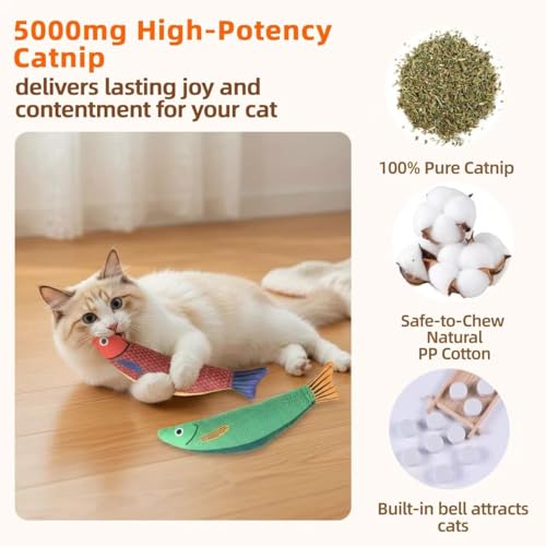 5 Pcs Ultimate Cat Toys Set with Natural Catnip Toys & Silvervine, 2 Plush Fish, Chili Chew, Silent Dino Rope & Hanging Tomato, Relieves Anxiety, Teething Aid, Quiet Play for Indoor Cats
