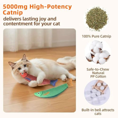 5 Pcs Ultimate Cat Toys Set with Natural Catnip Toys & Silvervine, 2 Plush Fish, Chili Chew, Silent Dino Rope & Hanging Tomato, Relieves Anxiety, Teething Aid, Quiet Play for Indoor Cats