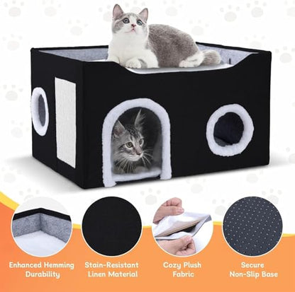 Cat House for Indoor Cats – Foldable Cat Cave & Covered Cat Bed, Cozy Hideaway for Small Pets and Large Cats (23.6"x16"x12.8"),Black - style: Black