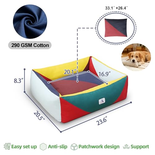 Cotton Canvas Dog Bed, Cute Dog Beds for Small Dogs, Puppy Bed with Washable Removable Cover, Durable 290 GSM Cotton Anti-Chewing Pet Bed with Anti-Slip Bottom (24"x20"x8", Red&Yellow&Green) - color: Red+Green+Yellow, size: Small