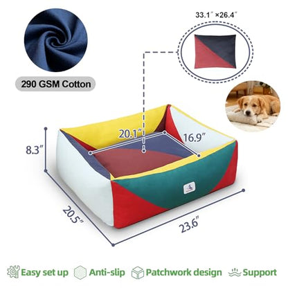 Cotton Canvas Dog Bed, Cute Dog Beds for Small Dogs, Puppy Bed with Washable Removable Cover, Durable 290 GSM Cotton Anti-Chewing Pet Bed with Anti-Slip Bottom (24"x20"x8", Red&Yellow&Green) - color: Red+Green+Yellow, size: Small