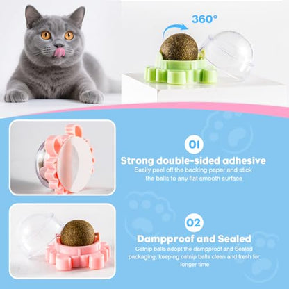 4 Pack Catnip Ball Toy 360° Organic Nips Mint Magic Stick on Wall Cat Nips for Cats Wall Catnip Rollerball Licking Ball Cat Nips for Cats Wall Catnip Rollerball Licking Ball
