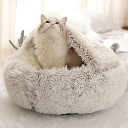Cat Bed Round Fluffy Hooded Cat Bed Cave, Anti-Anxiety Cave Bed with Hooded Blanket, Cozy Cuddler Luxury Puppy Pet Bed, Anti-Slip Bottom and Machine Washable (Coffee, Large) - color: Coffee, size: Large
