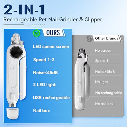 2-in-1 Dog Nail Clippers & Grinder with Light, Quiet Electric Pet Nail Trimmer for Large Medium Small Dogs & Cats, 3 Speeds, Rechargeable, Splash Guard & Safety Lock, Painless Grooming Tool (White)