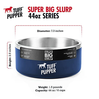 Tuff Pupper Heavy Duty Insulated Dog Bowl | Double Wall Stainless Steel Dog Food Dish | Non-Slip Spill Proof Dishwasher Safe Cat Bowl | Water Dish for Feeding Large Medium Small Pets (44oz, Blue) - color: Midnight Blue, size: 44oz