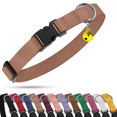 Breakaway Cat Collar with Bell - Leather Adjustable Kitten Collars with Safety Quick Release Buckle - Soft Small Pet Collars for Girl & Boy Cats (Mocha) - color: Mocha