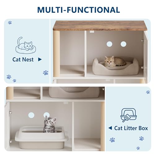 Double Cat Litter Box Enclosure Furniture for 2 Cats – 2-Tier Modern Farmhouse Cabinet, Mark Post, Odor Control, Hidden Washroom, Litter Mats, Dog-Proof Storage, End Table – Slotted Door White