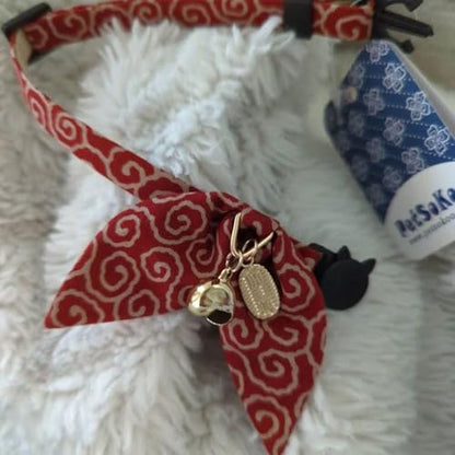 Bunny Ears Cat Collar, Japan Lucky ‘開三運’ Charm. Safety Breakaway Bowtie Kitten Collar with Bell, Navy Blue - color: Navy