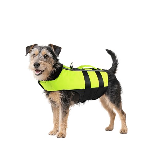 Neon Green Dog Life Jacket for Small Breed with Rescue Handle, High Visibility & Adjustable Pet Life Vest, Safety Buoyancy Vest for Swimming, Boating, Kayaking & Water Sports, S - size: Small