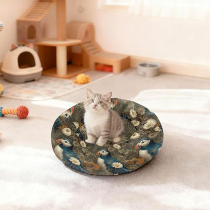 Pet Bed Lovely Puffins Flora Cat Snuggler Soft Winter Cushion, Cozy Round Bolster Nest for Indoor Kittens & Small Pets 15" - size: X-Small
