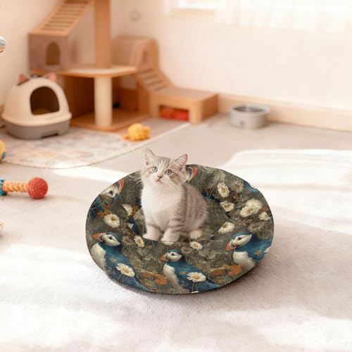 Pet Bed Lovely Puffins Flora Print, 18" Small Dog Cuddler with Anti-Slip Bottom, Cute Pattern Round Sofa for Indoor Puppies & Kittens, All-Season Comfort - size: Small