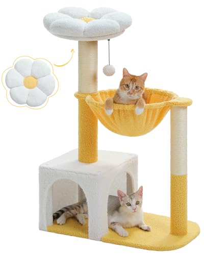 MUTTROS Cute Cat Tree with Flower Top Bed - Cloud Scratching Posts, 35" Small Cat Tower with Large Metal Frame Hammock for Indoor Cats, White Cat Condo for Kittens, Yellow - color: Cloud White, size: 35" Upgraded Flower Cat Tree