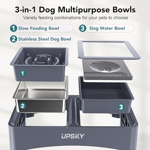 UPSKY 3-in-1 Elevated Dog Bowls Slow Feeder, Adjustable Stand, Stainless Steel Food & No Spill Pet Water Bowl for Small Medium Dogs, Blue - color: F-3 in 1 Blue