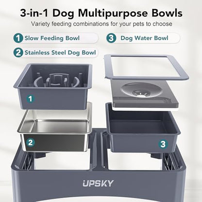 UPSKY 3-in-1 Elevated Dog Bowls Slow Feeder, Adjustable Stand, Stainless Steel Food & No Spill Pet Water Bowl for Small Medium Dogs, Blue - color: F-3 in 1 Blue