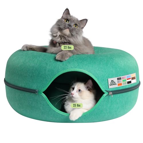 Cattasaurus Peekaboo Cat Cave Donut for Multiple & Large Cats up to 30-45 lbs, 3-in-1 Self Warming Cat Bed, Tunnel & Scratcher for Indoor Cats, Washable & Detachable Dog Bed (Forest Green, Large) - color: Forest Green, size: Large