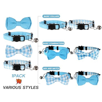 2 Pcs Boy Cat Collar with Bell Breakaway Cat Collars Cute Kitten Bow Tie Collar Adjustable Small Puppy Safety Collar Solid Color Plaid Pet Collar (Blue) - color: blue