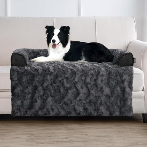 Calming Large Dog Bed for Couch, 41 x 37 inch Removable Couch Cover for Dogs Washable, Non-Slip Fluffy Plush Dog Sofa Mat for Furniture Protector - Dark Grey - color: Dark Grey, size: Large