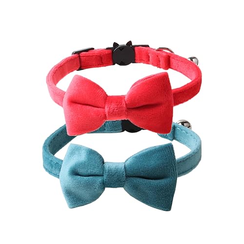 Love Dream Cat Collar Breakaway with Bow Tie and Bells - 2 Pack Velvet Girl Boy Kitty Safety Kitten Collars with Removable Bowtie for Cats Kittens, Blue & Red - color: Blue & Red