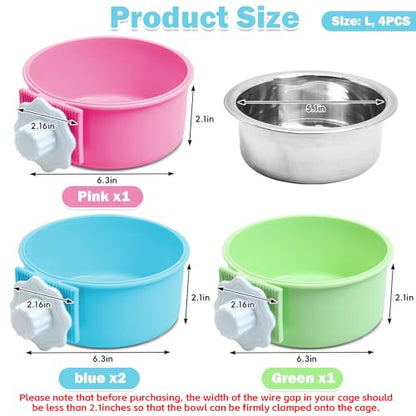 kathson Crate Dog Bowl, Removable Stainless Steel Hanging Pet Cage Bowl Food & Water Feeder Coop Cup for Cat, Puppy, Birds, Rats, Guinea Pigs (4 PCS, Size: L, 2×Blue,1×Pink,1×Green) - color: Size: L (2×Blue, 1×Pink, 1×Green), size: 4 PCS