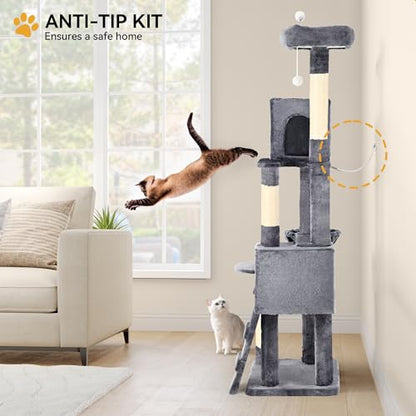 YITAHOME 70.8-Inch Tall Cat Tree Indoor: Multi-Level Kitten Tower with Kitty Condos, Top Perches, Scratching Posts & Cozy Basket Pet Play House Light Gray - color: Light Gray, size: 70.8 inch