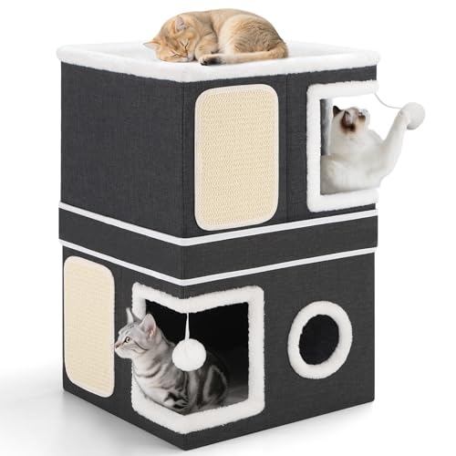 2-Storey Cat House for Indoor Cats, Separate Into 2 Large Cat Bed Cave with Hideaway Condos, Scratch Pads, Hanging Balls, Foldable Indoor Cat House, Cat Cube for Multiple Cats Kitten, Black - style: Black