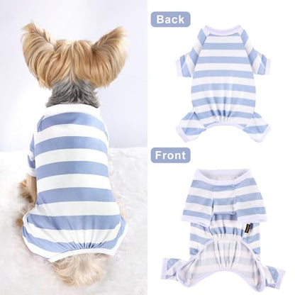 Dog Pajamas Pjs Stretchable Strip Dog Jumpsuit 4 Legs Pjs for Summer Dog Clothes Puppy Onesies Doggie Outfit (Light Blue, Small (Chest 13in)) - color: Light Blue, size: Small (Chest 13in )