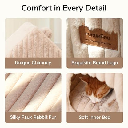 FUKUMARU Cat Houses for Indoor Cats, Washable Cute Cat Bed Cave with Removable Pillow, Large Semi-Enclosed Cozy Dog House Indoor, Soft Faux Rabbit Fur Kitten Bed, 17.5-Inch Cat Hideaway, Pink Grey - color: Pink Grey