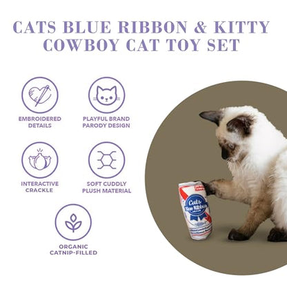 Haute Diggity Kitty Cats Blue Ribbon + Kitty Cowboy Set, Plush Cat Toys Catnip Filled with Interactive Crackle Sound, Safe & Durable Toys for Cat & Kitten, 4 Pcs - style: Cats Blue Ribbon + Kitty Cowboy