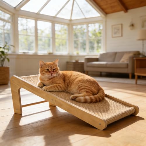 L-Shaped Cat Scratching Board with Sisal and Wooden Frame, Wall Mounted Scratcher Pad with Ball Toy for Indoor Cats, 28.2 Inch (28.2inch)