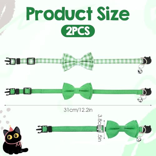 2 Pcs Green Cat Bow Tie, Cat Collar with Bow Tie Breakaway, Catsbowtie Collar with Bell, Soft Adjustable Color Plaid Pet Collars (Green) - color: Green